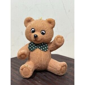 Vintage Flocked Brown Bear Ornament Green Polka Dot Bowtie Holiday Home Decor 3"